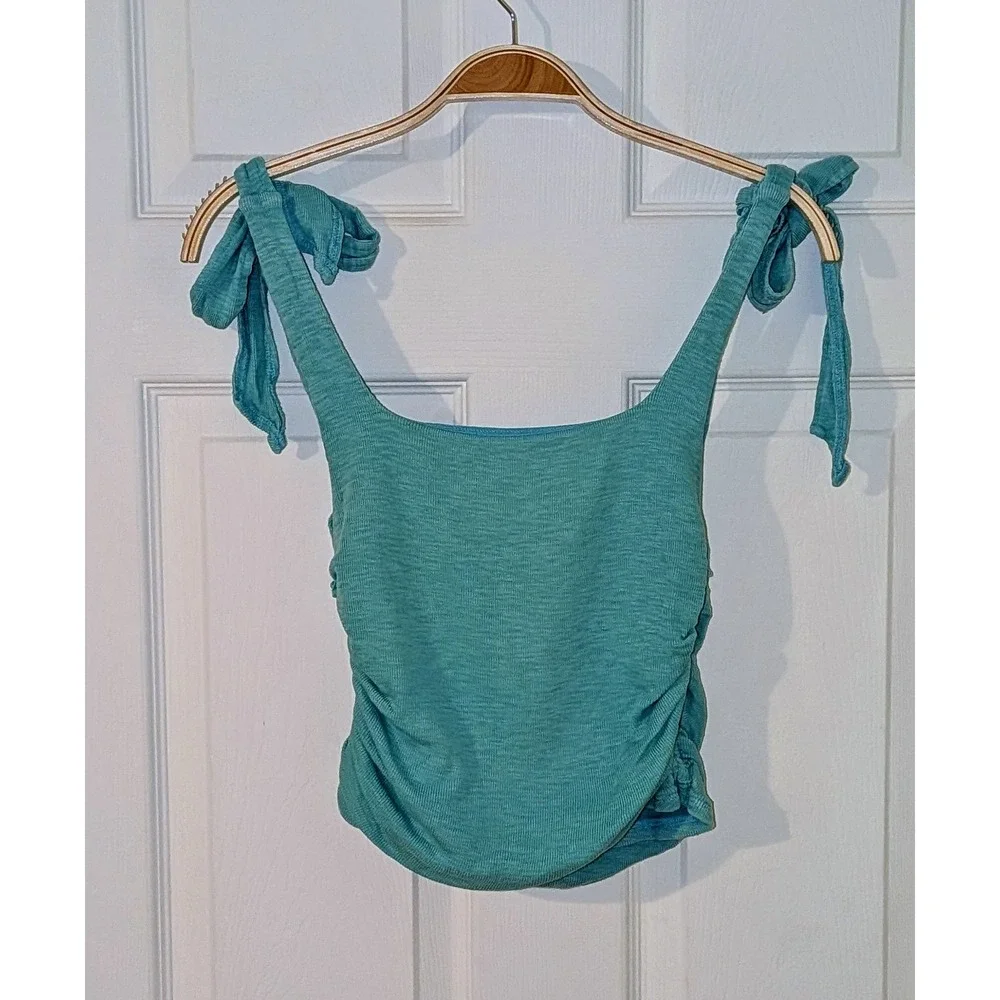 Free People Tie Strap Tank Top Ruched Sleeveless Turquoise‎ Blue XS